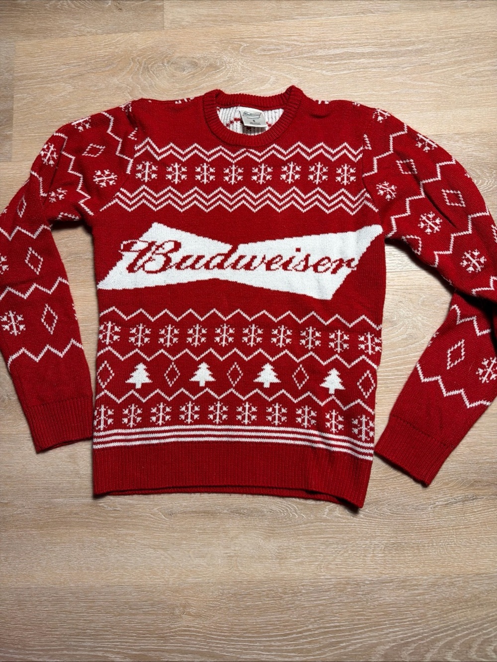 Budweiser Men's Red Bowtie Logo Ugly Christmas Holiday Knit Sweater Small